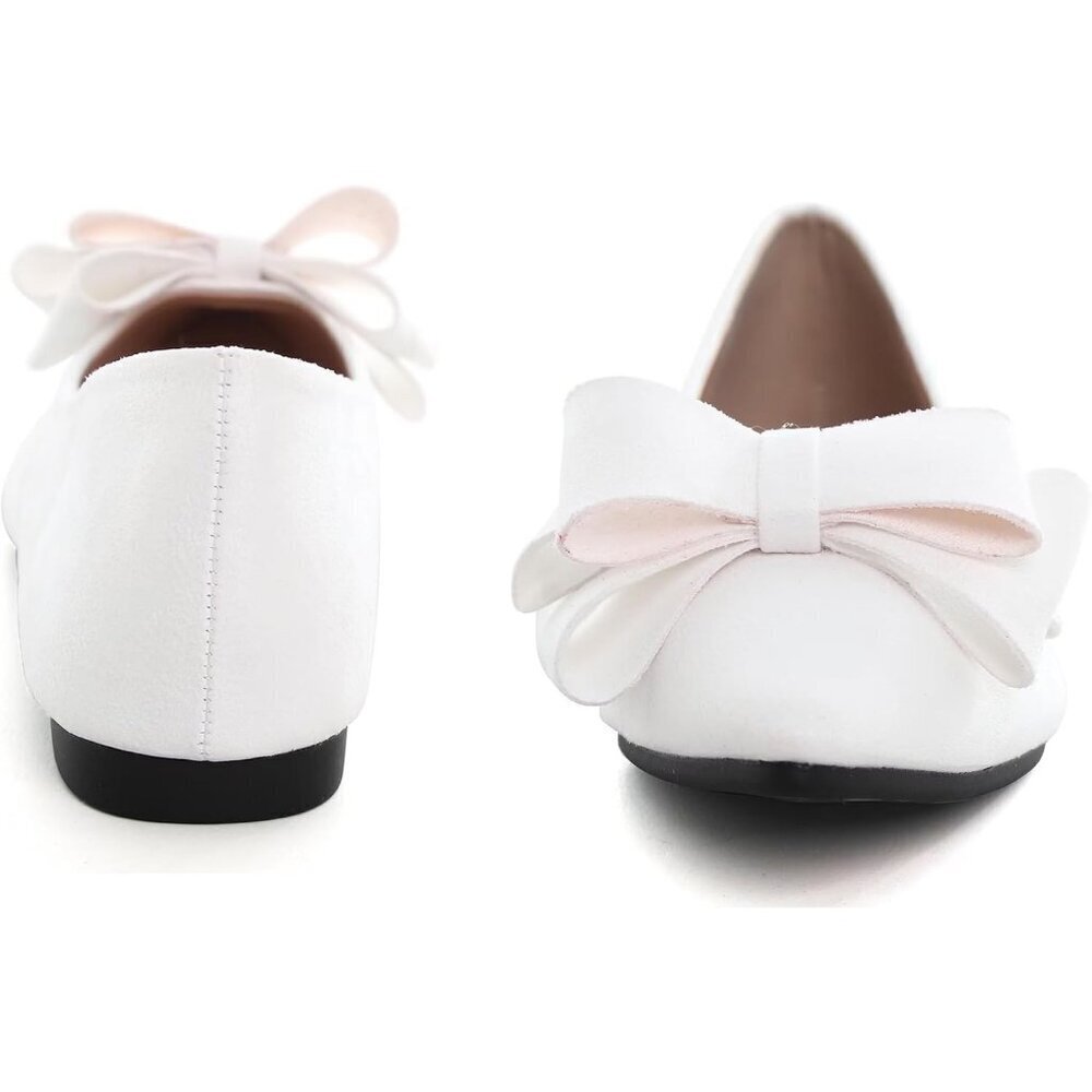 Women's White Bowknot Ballet Flats Pointy Toe Casual Flat Shoes Suede - Picture 5 of 6